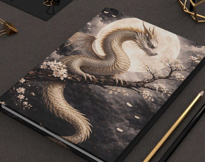 Celestial Dragon Illustration Hardcover Journal | Moonlit Sakura Notebook, 3 Variations