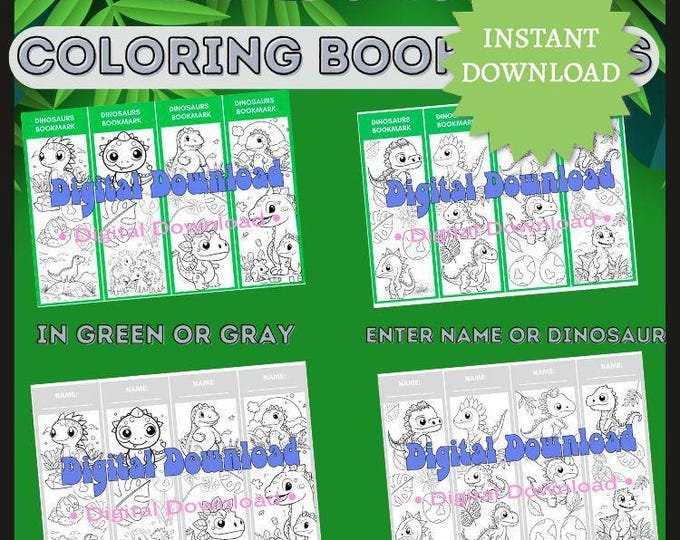 Dinosaur Coloring Bookmarks, Digital Download, Educational Activity, Homeschool, Gift, Instant Print, Printable Bundle, Fun Craft Kit
