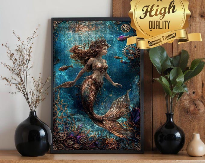 Steampunk Mermaid Wooden Jigsaw Puzzle - Precision Cut, 500 or 1000 Pieces, High-Quality Oak Wood, Family Bonding & Stress Relief