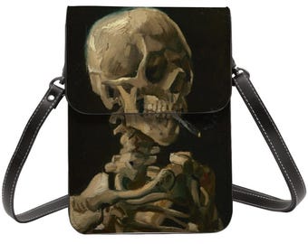 Skull Cell Phone Purse, Gothic Crossbody Phone Bag for Women, Small PU Leather Shoulder Bag, Dark Fine Art Style Phone Wallet, Smokers Gift