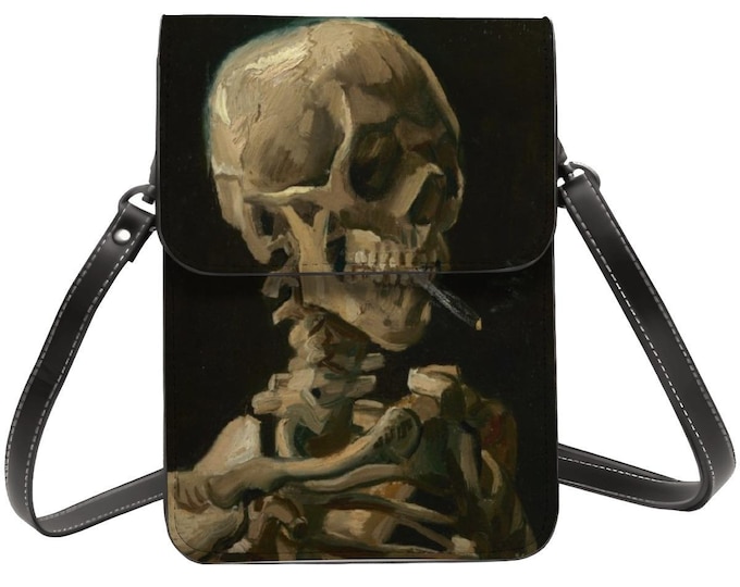 Skull Cell Phone Purse, Gothic Crossbody Phone Bag for Women, Small PU Leather Shoulder Bag, Dark Fine Art Style Phone Wallet, Smokers Gift