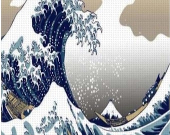 Vintage Japanese Diamond Painting Craft Kit featuring The Great Wave Off Kanagawa - DIY Wall Art with Diamonds, Mount Fuji, The Wave