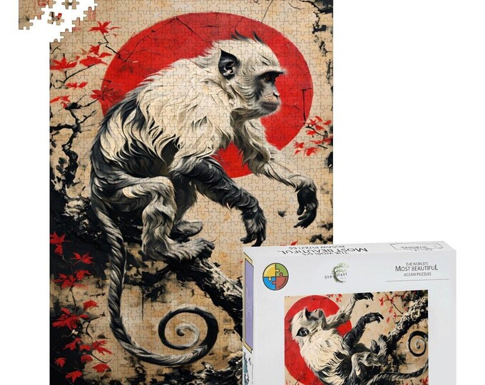 Vintage Monkey Wooden Jigsaw Puzzle – Asian Art Red Sun