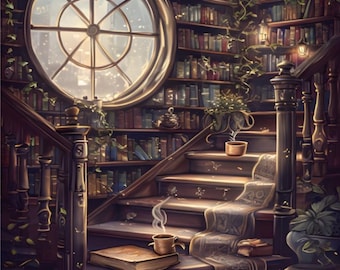 Library Stairs Paint by Numbers Kit | Framed Canvas Art with Stand