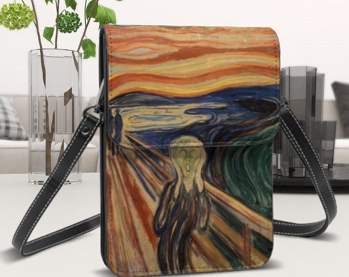 Scream, Leather Cell Phone Purse With Shoulder or Crossbody Adjustable Removable Strap, Edvard Munch's The Scream, Vintage Antique Design