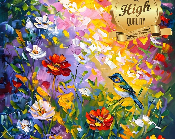 Puzzle, Bird with Vibrant Flower Background, Oil Painting, 500 Pieces, 1000 Pieces, Unique Jigsaw, Family, Oak Wood Puzzle, Wooden Jigsaw