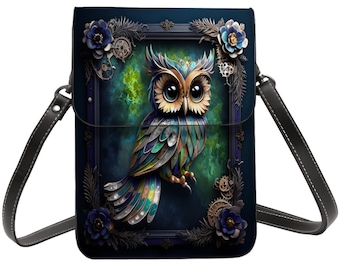 Whimsical Owl Crossbody Bag, Steampunk Gear Flowers, Double-sided Printing, Adjustable Strap, Fashionable & Functional