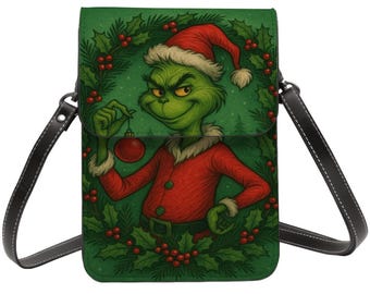 Grinch, Christmas, Cell Phone Purse, Shoulder Strap or Crossbody, Adjustable, fits 2 Phones, Phone Bag