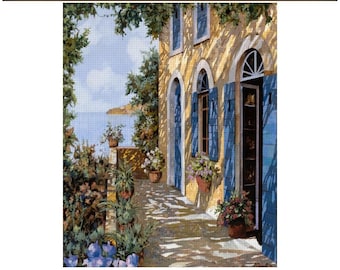 Vintage Diamond Art, DIY Diamond Painting, Altre Porte Blu #1 by Guido Borelli, Antique Art Design, House by the Sea, Full Craft Kit,