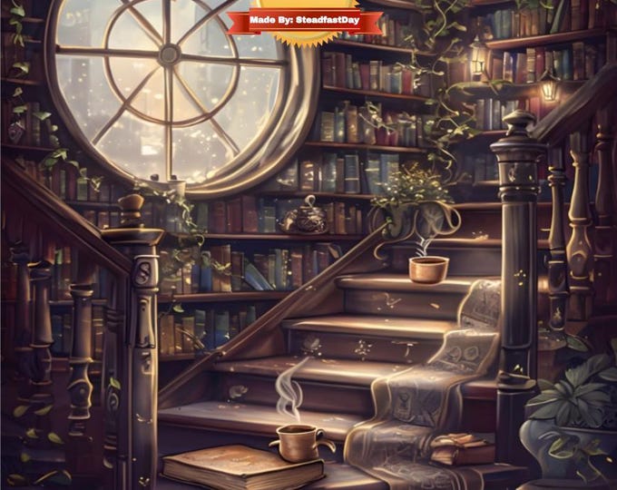 Dreamy Framed Paint by Numbers Kit with Stand | Library Stairs & Coffee Waiting | Fantasy Life | Enchanting Library | Perfect Gift