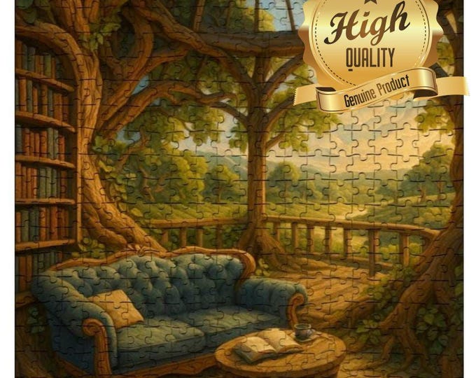 Tree House Library Scenic View, Wooden Jigsaw Puzzle 500 or 1000 Pieces | Treehouse Lounge Art Puzzle | UV Printed Oak Wood Puzzle | Gift