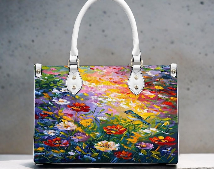 Floral Bird Handbag, Impressionist Garden Tote, PU Leather Crossbody Purse