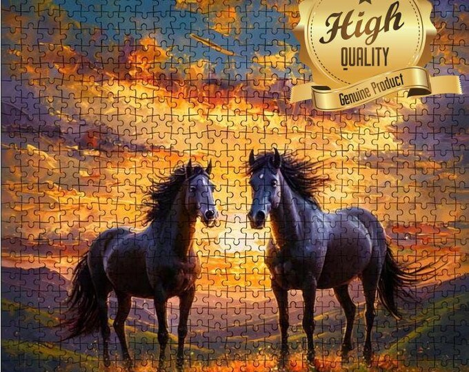 Puzzle, Stallion Horses, Sunset, Blue Sky Meadow, Wooden Jigsaw, Precision Cut High Quality Horse Inspired, 500 or 1000 pieces, Family Time
