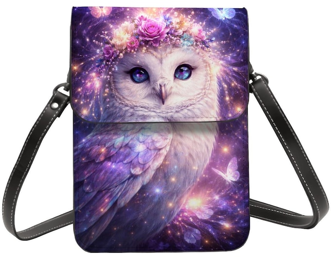 Owl Cell Phone Purse Crossbody – Fantasy Galaxy Owl Phone Bag, Adjustable Shoulder Strap, PU Leather Mini Purse for Women