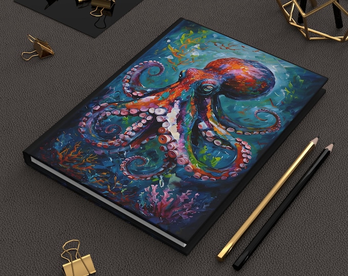 Octopus Hardcover Journal, Deep Blue Sea Notebook, Inspirational Chunky Oil Painting Design, Gift for Writers, Underwater Ocean Diary, Squid
