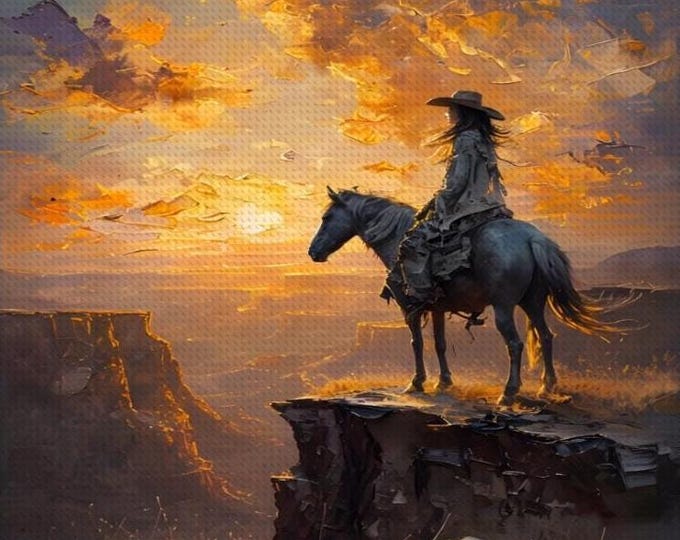 Diamond Painting, Solitary Cowgirl And Stallion or Horses On Cliff, Diamond Paintings, DIY, 16”x20”, Diamond Art, 2 Designs, Customized