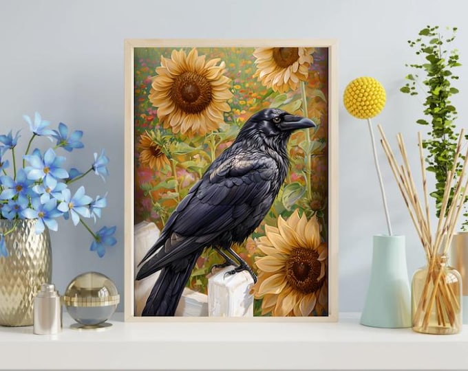 Raven and Sunflower Fine Art Poster, Nature Wall Art, Bird Decor, Gift for Nature Lovers, Bohemian Home Decor, Botanical Print