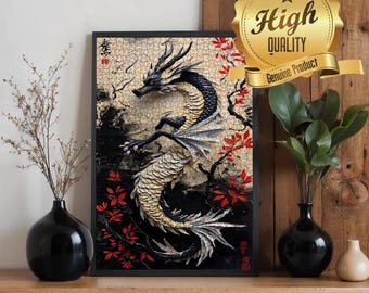 Japanese Dragon Oak Wood Jigsaw Puzzle | Mythical Art Decor