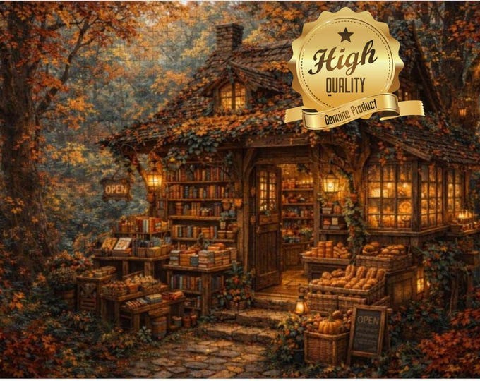 Cozy Autumn Bookshop Wooden Puzzle (500 or 1000 Piece) – Fall Cottage Landscape