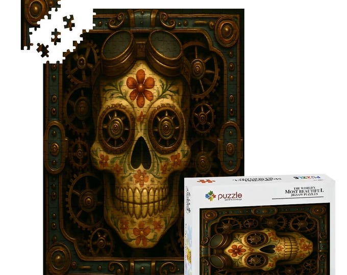 Steampunk Sugar Skull Jigsaw Puzzle, Gothic Wooden Art