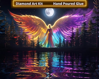 Angel in Forest Vibrant Diamond Painting Kit, Complete Craft, Spiritual Art, Colorful Rainbow art, Diamond Painting, Full Moon, Night Sky