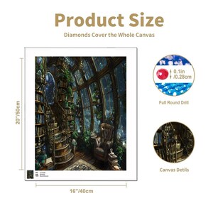 A diamond painting kit featuring a detailed illustration of a library with a spiral staircase, a large window, and a comfortable armchair. The kit includes full round drill diamonds and measures 20 inches by 16 inches (50 cm by 40 cm).
