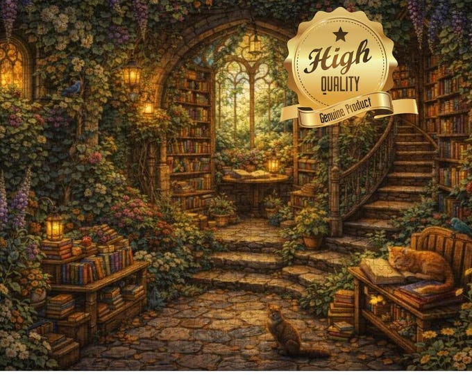 Cozy Library Wooden Jigsaw Puzzle: Cottagecore Reading Nook Scene (500/1000 Piece)