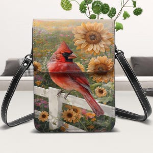 Cardenal, Cartera de Cuero para Celular con Correa para el Hombro, Cardenal en Campo de Girasoles, Correa Ajustable y Desmontable, Ranuras para Tarjetas, Bolsillos,