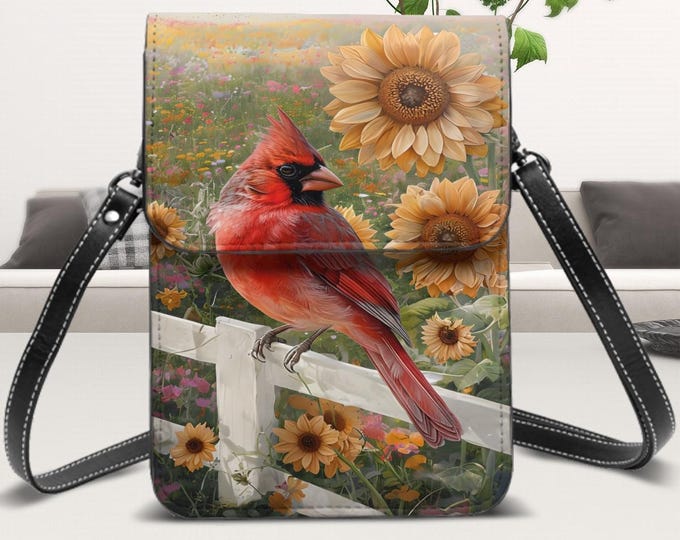 Cardinal, Leather Cell Phone Purse With Shoulder Strap, Cardinal in Sunflower Field, Adjustable Removable Strap, Card Slots, Pockets,