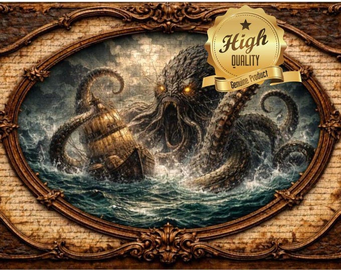 Kraken Sea Monster Wooden Jigsaw Puzzle: Pirate Ship Ocean Adventure (500/1000 Pieces)
