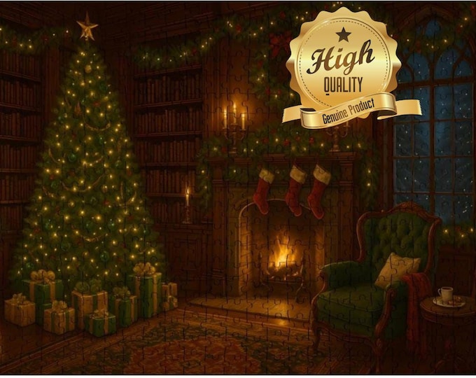 Christmas Library Wooden Jigsaw Puzzle | Cozy Holiday Fireplace