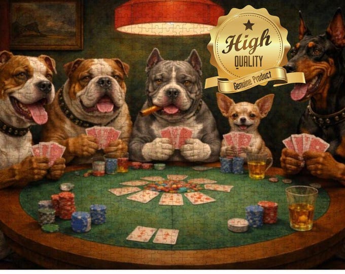 Dogs Playing Poker Wooden Puzzle: Bulldog, Pitbull, Doberman, Chihuahua Breeds (500/1000 Piece)