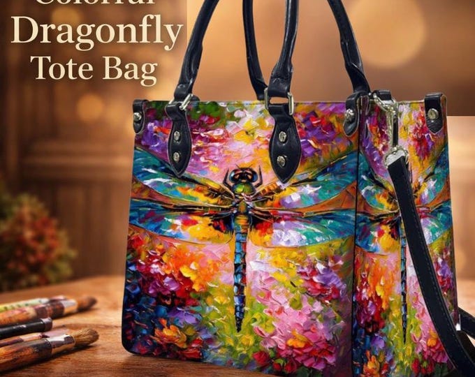 Dragonfly Art PU Leather Handbag, Rainbow Crossbody Tote