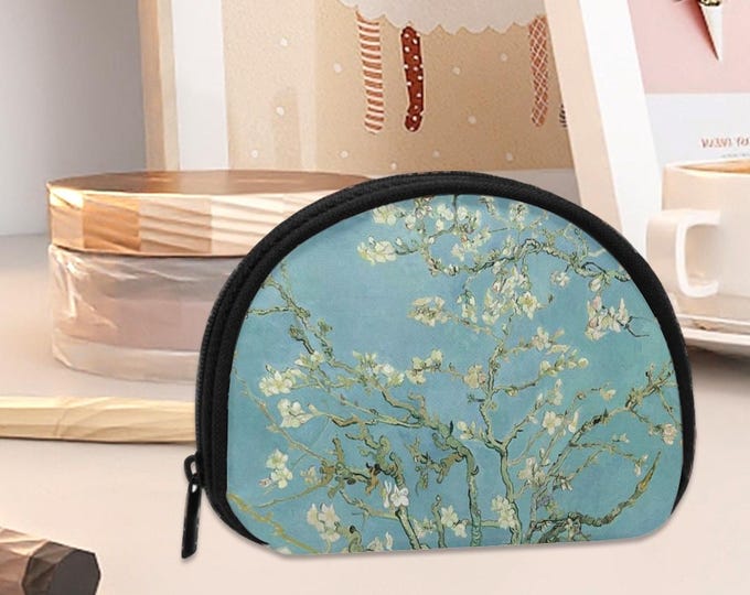 Mini Coin Purse, Shell Purse, Almond Blossoms by VAN GOGH, Vintage Antique Art Design, Zipper Pouch Bag