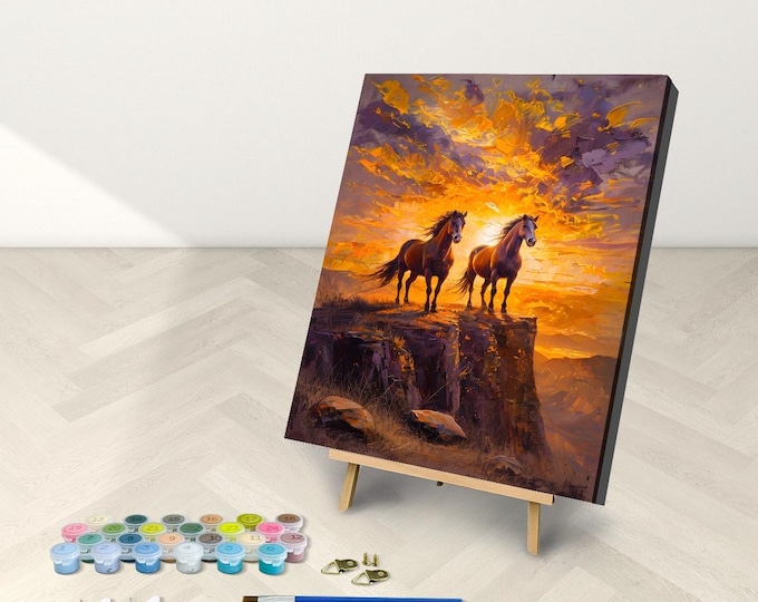 Stallion Horses Paint by Number Kit: Sunset Cliff DIY Painting (16x20 Framed)