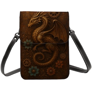May include: A brown crossbody bag featuring a detailed golden dragon design with wings, gears, and floral accents. The bag has a black strap and a flap closure. The dragon is the focal point, set against a textured background.