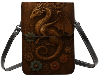Steampunk Dragon Cell Phone Purse Crossbody, Bronze Gear Dragon Phone Bag, Fantasy Steampunk Art, Adjustable Shoulder Strap, Faux Leather