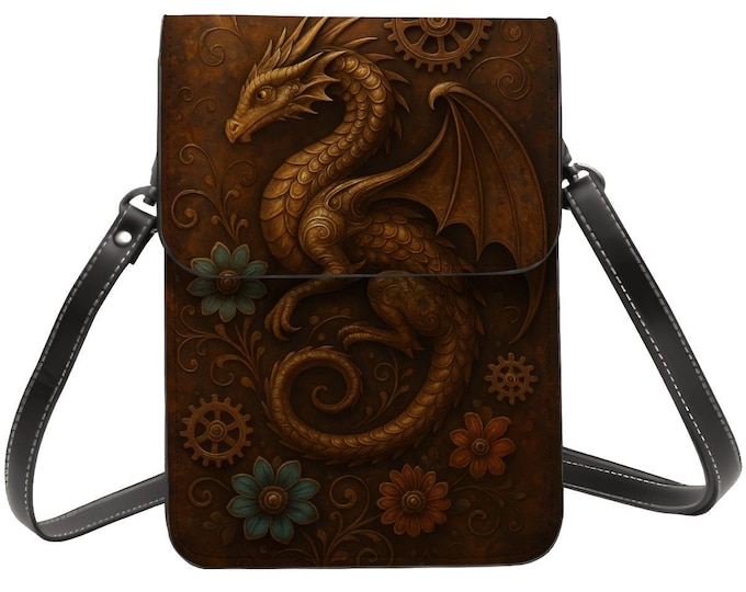 Steampunk Dragon Cell Phone Purse Crossbody, Bronze Gear Dragon Phone Bag, Fantasy Steampunk Art, Adjustable Shoulder Strap, Faux Leather