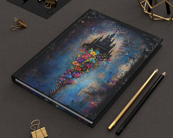 Castle with Vibrant Flowers, Antique Gothic Framed in Design, Blue Background. Floral Notebook for Writing, Fantasy, Gothic, Bullet Journal,