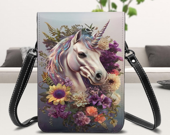 Unicorn, Leather Cell Phone Purse With Shoulder Strap, Unicorn with Flowers, Card Slots, Pockets, Adjustable Removable Strap, Floral Art