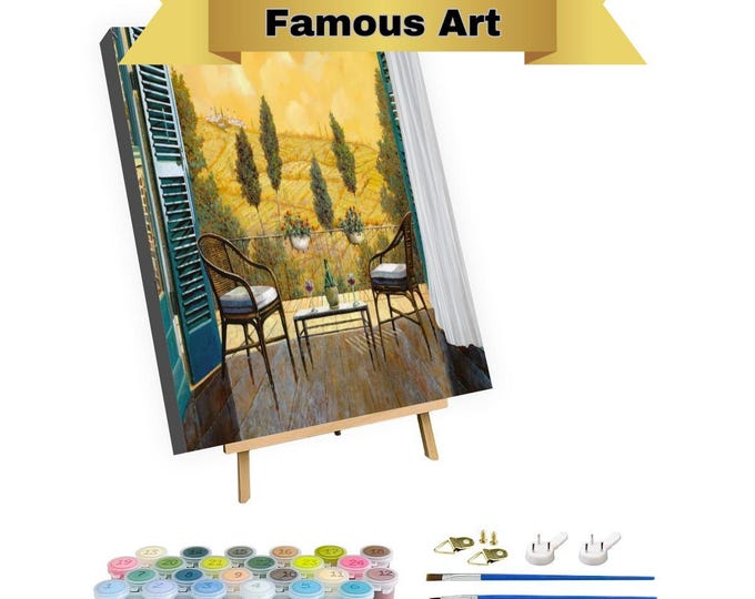 Framed Paint by Numbers Kit for Adults with Stand 2 chair yellow background vintage art, due bicchieri di Chianti by Guido Borelli, Full Kit