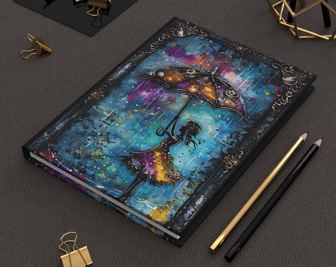 Hardcover, Rainy Day, Journal Matte, Girl with Umbrella, Vibrant Notebook, Unique Steampunk Design, Artistic Diary, Tear Out Pages