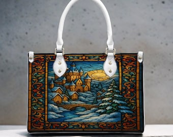 Winter Village Handbag, Stained Glass Tote Bag, PU Leather Crossbody, Snowy Landscape Purse, Christmas Art Bag, Cozy Winter Tote