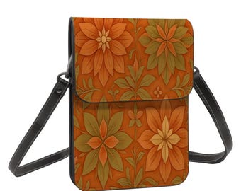 Floral Leather Cell Phone Purse: Orange & Green Shoulder Bag
