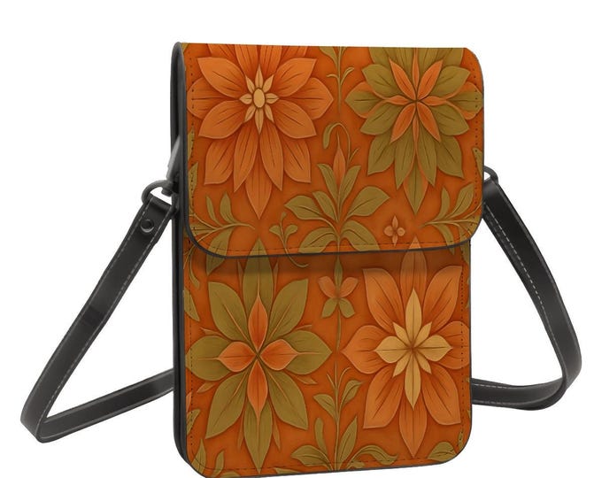 Floral Leather Cell Phone Purse: Orange & Green Shoulder Bag
