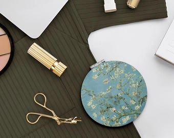 Mirror, Round Shape Portable Pocket Mirror, Almond Blossoms by VAN GOGH, Vintage Antique Art Design, Handheld Mirror, Normal and Magnified