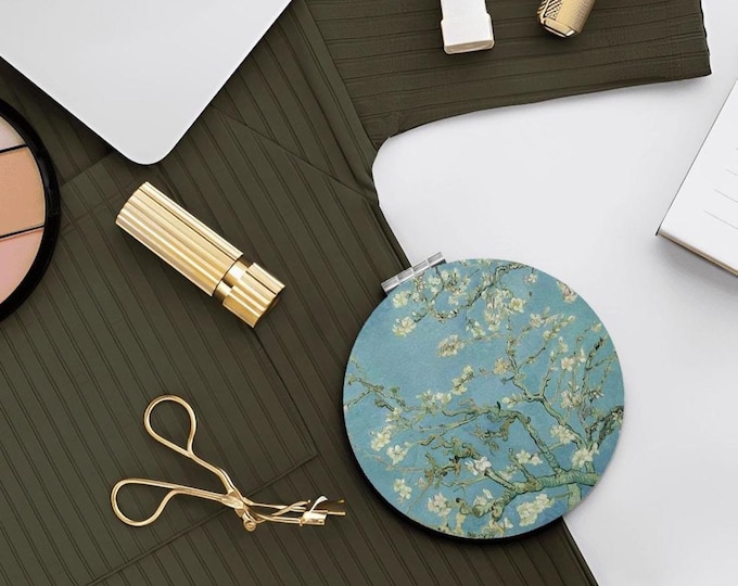 Mirror, Round Shape Portable Pocket Mirror, Almond Blossoms by VAN GOGH, Vintage Antique Art Design, Handheld Mirror, Normal and Magnified