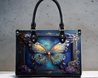 Steampunk Butterfly, Square Handbag, Waterproof Vegan Leather Handbag, Top Handle, High Quality, Crossbody or Shoulder Tote Bag, 3 Sizes