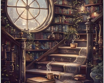 Library Stairs Diamond Painting Kit: DIY Home Decor Art (12x16 or 16x20, No Frame)