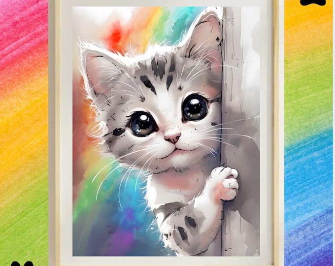Cute Rainbow Cat Fine Art Poster - Whimsical Wall Decor, Cat Lover Gift, Adorable Nursery Art, Rainbow Decor, Pet Themed Wall Art